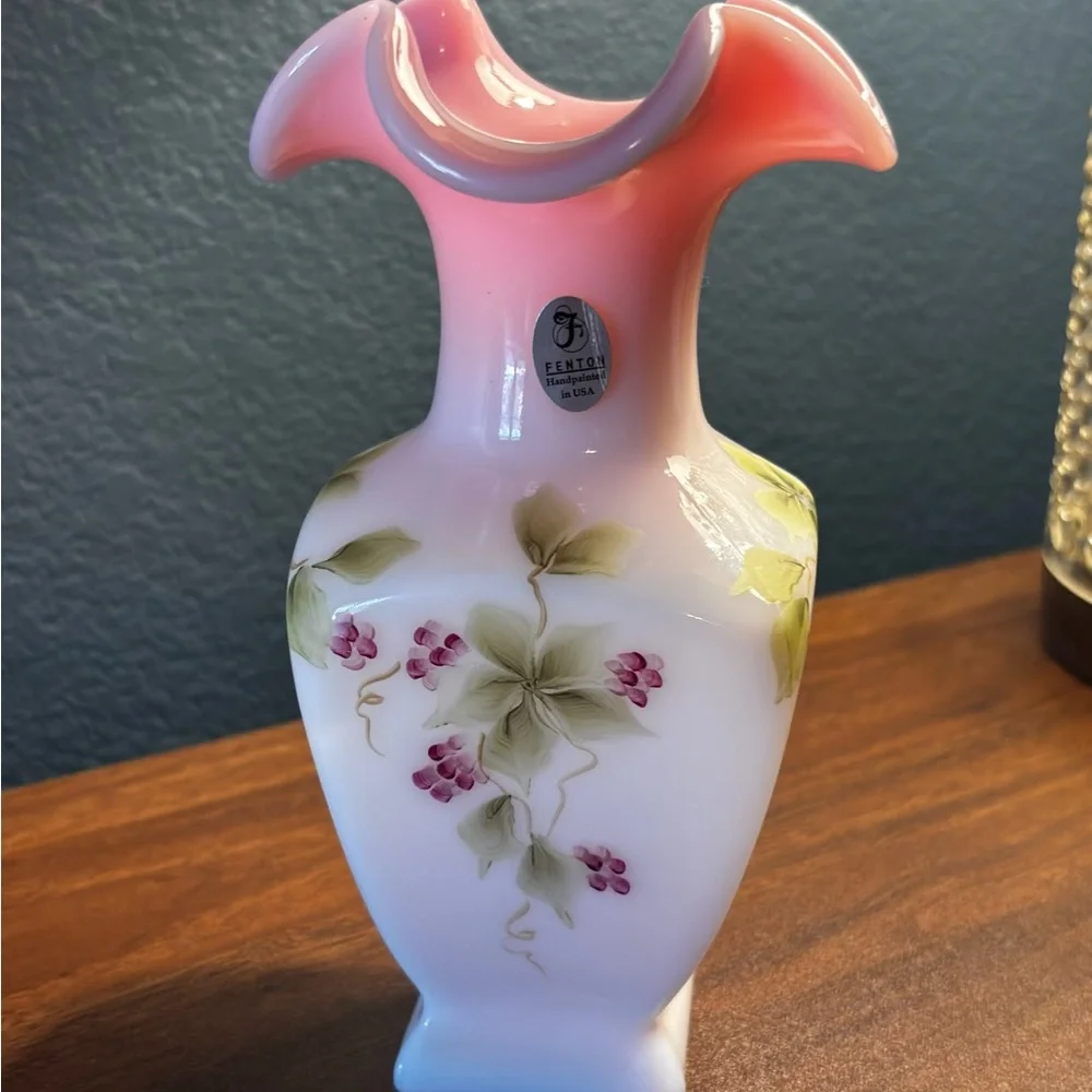 Fenton Rosalene Handpainted Glass Vase